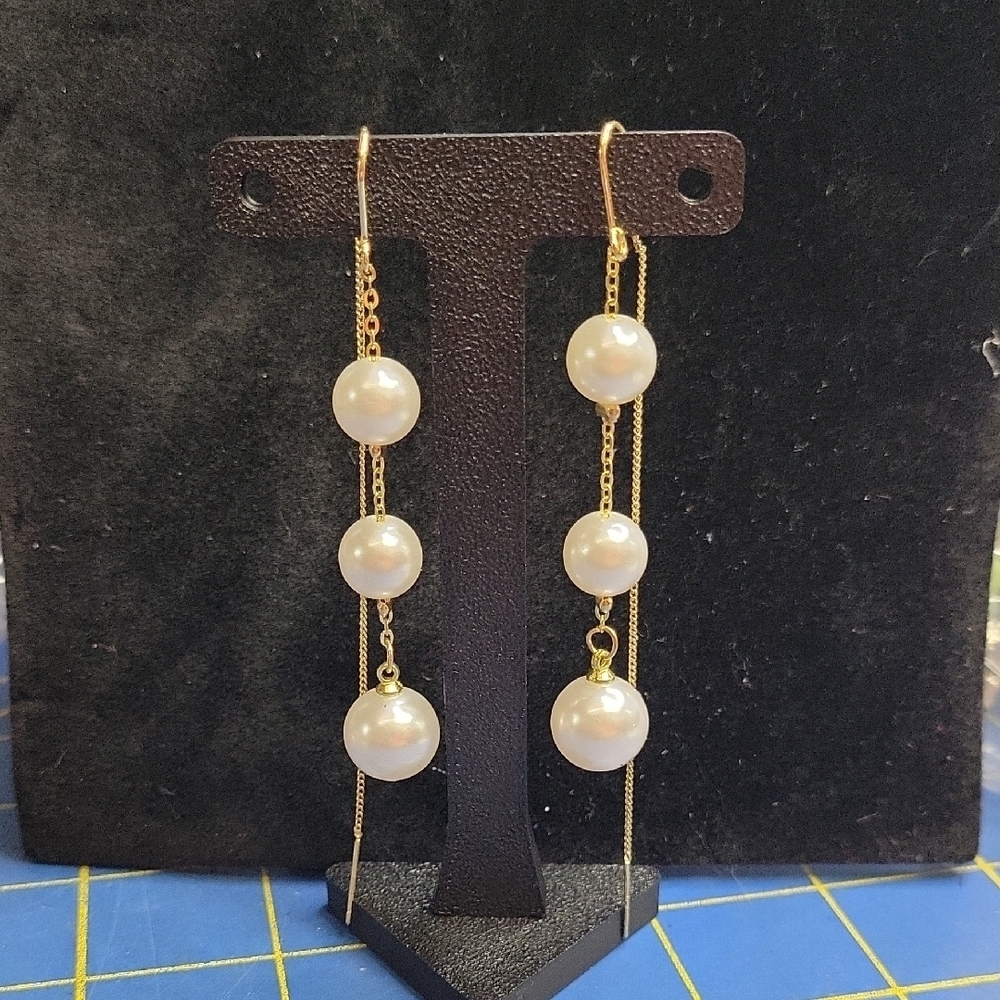 Gold Tone Faux Pearl Drop Thread Thru 4" Earrings